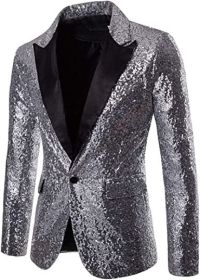 Mens Sequin Suits Jackets Blazer Slim Fit Notched Lapel One Button Party Show Tux Dress Coats (Color: SILVER, size: S)