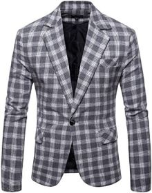 Men's Plaid Suit Jacket Casual One Button Regular Fit Blazer Classic Plaid Sport Coat Stylish Dress Coat (Color: Grey, size: L)