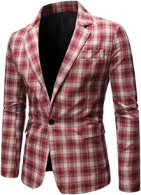 Men's Plaid Suit Jacket Casual One Button Regular Fit Blazer Classic Plaid Sport Coat Stylish Dress Coat (Color: red1, size: L)