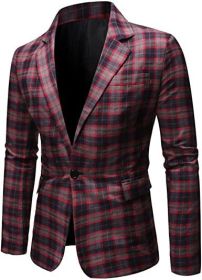 Men's Plaid Suit Jacket Casual One Button Regular Fit Blazer Classic Plaid Sport Coat Stylish Dress Coat (Color: red2, size: L)