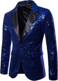 Mens Sequin Suits Jackets Blazer Slim Fit Notched Lapel One Button Party Show Tux Dress Coats (Color: Blue, size: S)
