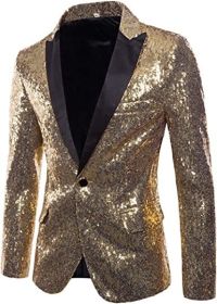 Mens Sequin Suits Jackets Blazer Slim Fit Notched Lapel One Button Party Show Tux Dress Coats (Color: Golden, size: M)