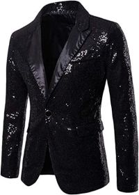 Mens Sequin Suits Jackets Blazer Slim Fit Notched Lapel One Button Party Show Tux Dress Coats (Color: Black, size: L)