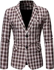 Men's Plaid Suit Jacket Casual One Button Regular Fit Blazer Classic Plaid Sport Coat Stylish Dress Coat (Color: Brown, size: XL)