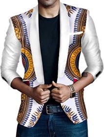 Men's African Indian Dashiki Suit Print Floral Dress Suits Shawl Collar One Button Party Blazer Jacket Tops (Color: White, size: L)