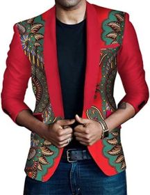 Men's African Indian Dashiki Suit Print Floral Dress Suits Shawl Collar One Button Party Blazer Jacket Tops (Color: red3, size: L)