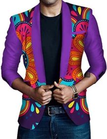 Men's African Indian Dashiki Suit Print Floral Dress Suits Shawl Collar One Button Party Blazer Jacket Tops (Color: purple3, size: XL)