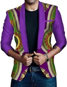 Men's African Indian Dashiki Suit Print Floral Dress Suits Shawl Collar One Button Party Blazer Jacket Tops (Color: purple2, size: M)