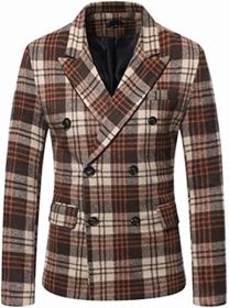 Men's Striped Suit Jackets Casual Notched Lapel Slim Fit Business Blazers Double Breasted Sport Coats (Color: Coffee, size: M)