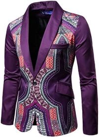 Men's African Indian Dashiki Suit Print Floral Dress Suits Shawl Collar One Button Party Blazer Jacket Tops (Color: Purple, size: S)