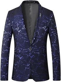 Men's Blazer Suit Jacket Lightning Pattern Shawl Lapel Blazer Stylish Tuxedo for Dinner; Prom; Wedding (Color: Blue, size: L)