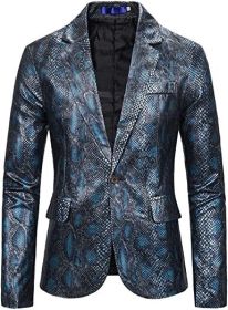 Men's Printed Suit Jackets Stylish Snakeskin Print Dress Coats Shawl Lapel Tuxedo Blazers for Wedding Party Prom (Color: Blue, size: XL)