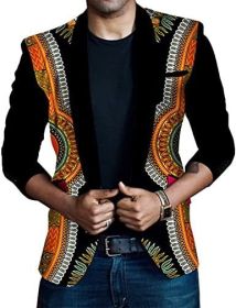 Men's African Indian Dashiki Suit Print Floral Dress Suits Shawl Collar One Button Party Blazer Jacket Tops (Color: Black, size: XXL)