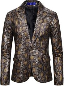Men's Printed Suit Jackets Stylish Snakeskin Print Dress Coats Shawl Lapel Tuxedo Blazers for Wedding Party Prom (Color: Yellow, size: L)