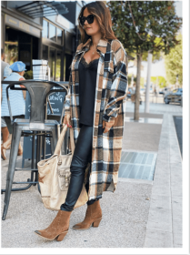 Fashion Long Plaid Coat Autumn Shirt Coat Woolen Coat Streetwear Women Clothing Loose Coat Female Casual Jacket (Color: Brown, size: M)