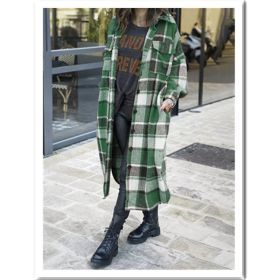 Fashion Long Plaid Coat Autumn Shirt Coat Woolen Coat Streetwear Women Clothing Loose Coat Female Casual Jacket (Color: Green, size: XXL)