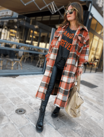 Fashion Long Plaid Coat Autumn Shirt Coat Woolen Coat Streetwear Women Clothing Loose Coat Female Casual Jacket (Color: Orange red, size: M)