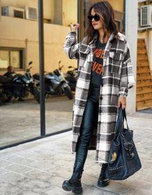 Fashion Long Plaid Coat Autumn Shirt Coat Woolen Coat Streetwear Women Clothing Loose Coat Female Casual Jacket (Color: black white, size: S)