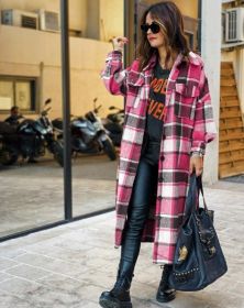 Fashion Long Plaid Coat Autumn Shirt Coat Woolen Coat Streetwear Women Clothing Loose Coat Female Casual Jacket (Color: hot pink, size: S)