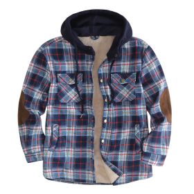 Men's Hooded Coat Plaid Flannel Button Jacket (Color: Blue, size: XL)