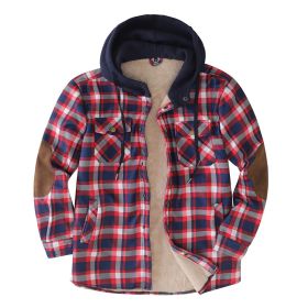 Men's Hooded Coat Plaid Flannel Button Jacket (Color: Red, size: M)