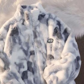 Tie Dye Woman Zipper Jacket Real Rabbit Fur Coat Real Fur Winter Clothes Women Long Sleeve Oversize Tops Streetwear Warm Jacket (Color: Gray, size: XXL)