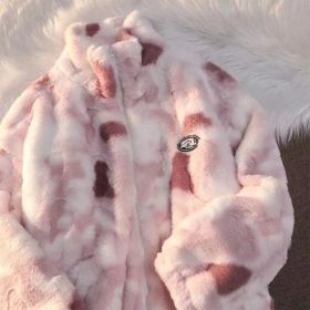 Tie Dye Woman Zipper Jacket Real Rabbit Fur Coat Real Fur Winter Clothes Women Long Sleeve Oversize Tops Streetwear Warm Jacket (Color: Pink, size: XXL)