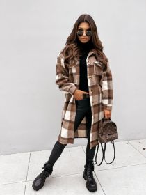 Women Winter Woolen Coats Female Plaid Print Retro Warm Thick Long Jacket Outercoats Korean Style Outwear Manteau Femme Hiver (Color: Castaño, size: M)