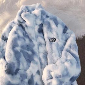 Tie Dye Woman Zipper Jacket Real Rabbit Fur Coat Real Fur Winter Clothes Women Long Sleeve Oversize Tops Streetwear Warm Jacket (Color: Blue, size: L)