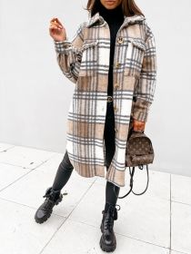 Women Winter Woolen Coats Female Plaid Print Retro Warm Thick Long Jacket Outercoats Korean Style Outwear Manteau Femme Hiver (Color: Caqui, size: L)