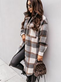 Women Winter Woolen Coats Female Plaid Print Retro Warm Thick Long Jacket Outercoats Korean Style Outwear Manteau Femme Hiver (Color: Gris, size: S)