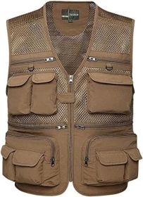 Mens Waistcoat Summer Outdoor Casual Fishing Safari Hiking Vest with Multi-Pocket (Color: Khaki, size: XXL)