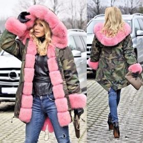 New Women Parka Casual Outwear Hooded Coat Fur Coats Manteau Female Woman Clothes Plus Size S-5XL (Color: camouflage green & gray, size: XXXXL)