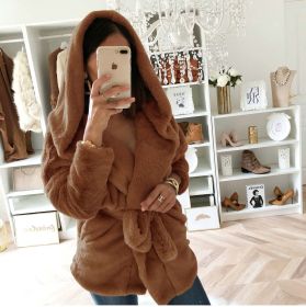 Autumn and winter coat sexy hooded plush slim waist coat (Color: Brown, size: S)