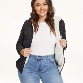 Slant Pockets Thermal Hooded Jacket, Casual Solid Long Sleeve Jacket For Fall & Winter, Women's Clothing (Color: Black, size: XS(2))