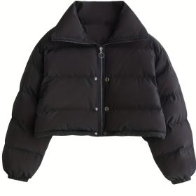 Solid Full Zipper Crop Coat, Warm Stand Collar Lightweight Coat, Outerwear For Fall & Winter, Women's Clothing (Color: Black, size: L(8/10))