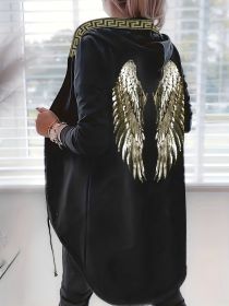 Wings Sequin Hooded Jacket, Open Front Casual Jacket For Spring & Fall, Women's Clothing (Color: Black, size: L(8/10))
