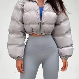 Solid Full Zipper Crop Coat, Warm Stand Collar Lightweight Coat, Outerwear For Fall & Winter, Women's Clothing (Color: Light Grey, size: M(6))