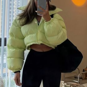 Solid Full Zipper Crop Coat, Warm Stand Collar Lightweight Coat, Outerwear For Fall & Winter, Women's Clothing (Color: Greenish Yellow, size: M(6))