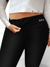 Plus Size Casual Leggings, Women's Plus Letter Print Liner Fleece High Rise Slight Stretch Leggings (Color: Black, size: 3XL(18))