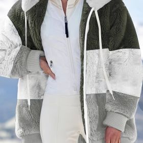 Color Block Hooded Teddy Coat, Casual Zip Up Long Sleeve Winter Warm Outerwear, Women's Clothing (Color: Green, size: M(6))