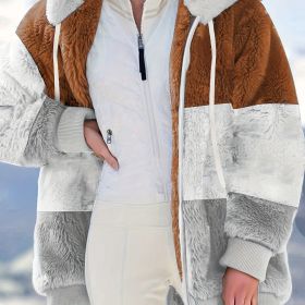 Color Block Hooded Teddy Coat, Casual Zip Up Long Sleeve Winter Warm Outerwear, Women's Clothing (Color: Caramel Colour, size: XXL(14))