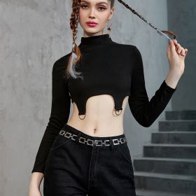 Stylish Skinny Stretchy Top, Long Sleeve Turtle Neck Solid Top, Casual Every Day Tops, Women's Clothing (Color: Black, size: L(8/10))