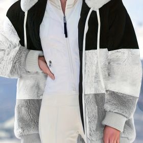 Color Block Hooded Teddy Coat, Casual Zip Up Long Sleeve Winter Warm Outerwear, Women's Clothing (Color: Black, size: XL(12))