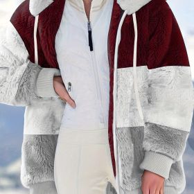 Color Block Hooded Teddy Coat, Casual Zip Up Long Sleeve Winter Warm Outerwear, Women's Clothing (Color: Burgundy, size: L(8/10))