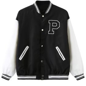 Women's Varsity Jacket Vintage Letter Print Cropped Baseball Coat 90's Fashion Streetwear Bomber Outer Coat (Color: Black, size: XL(12))