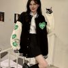 Preppy Heart Print Striped Trim Hem Patchwork Bomber Jacket, Casual Winter Oversized Coat, Women's Clothing