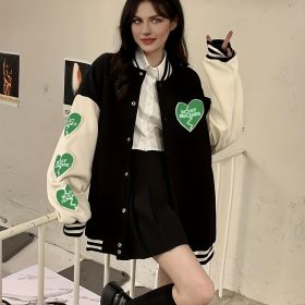 Preppy Heart Print Striped Trim Hem Patchwork Bomber Jacket, Casual Winter Oversized Coat, Women's Clothing (Color: Green, size: S(4))
