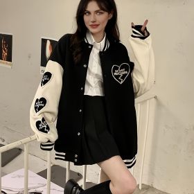 Preppy Heart Print Striped Trim Hem Patchwork Bomber Jacket, Casual Winter Oversized Coat, Women's Clothing (Color: Black, size: M(6))