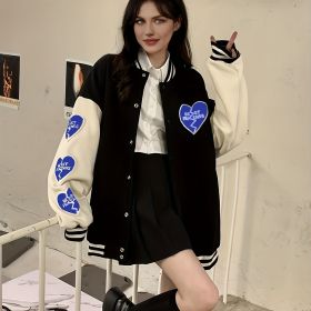 Preppy Heart Print Striped Trim Hem Patchwork Bomber Jacket, Casual Winter Oversized Coat, Women's Clothing (Color: Blue, size: S(4))